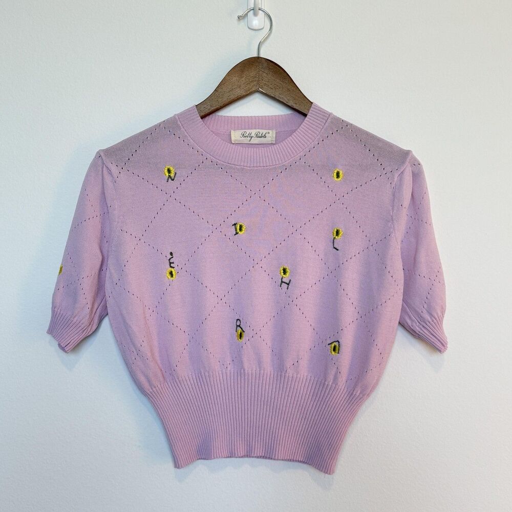 Pretty Pastels Sweater Womens Small Purple Short Sleeve Sunflower Knit Cute Top
